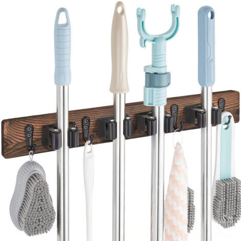Porta scope da parete, supporto per scope da parete con 4 staffe e 4 ganci, porta scope da parete senza foratura, contenitore per lavanderia, organizer per attrezzi da giardino