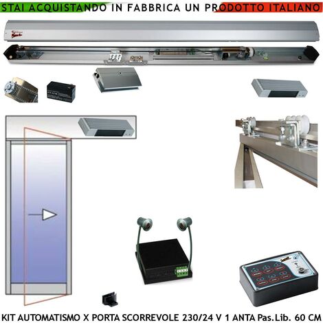Porta Scorrevole da Automatizzare Passaggio L. 600 mm Kit Automatismo Elettronica Encoder Automatico Pinza Trasmissione Cinghia Ruote Autolubrif. Sens. Avvicin. Antischiac. Abbat. Parz. Alim. 230/24 V