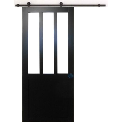 Porta scorrevole da officina nera H204 x L83 + binario a rulli e 2 gusci neri