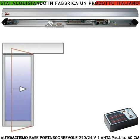 Porta Scorrevole Esistente Anta 700 mm Traversa Kit Automatismo Passaggio Libero 600 mm 230/24 V Trasmissione Tramite Cinghia Ruote Cuscinetti Autolubrificanti Elettronica Controllo Automatico Encoder