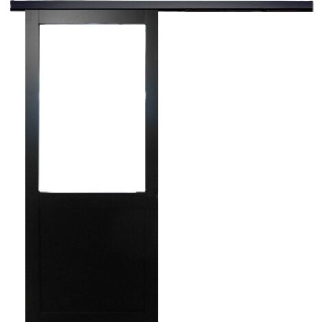 Porta scorrevole nera per officina in vetro H204 x L93 senza montante + binario in alluminio Striscia nera