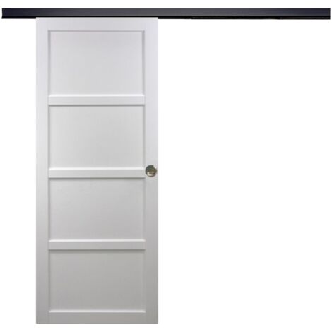 Porta scorrevole Tamera bianca larghezza 83 con binario in alluminio nero + 2 gusci installati