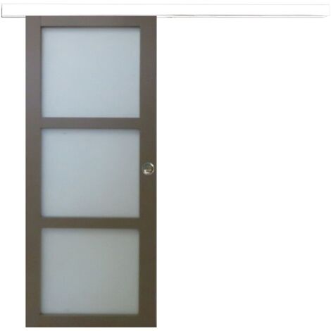 Porta Scorrevole Vetro Rivestito Marrone H.204 x L.83 +  Rail Alluminio Bianco + 2 Conchiglie