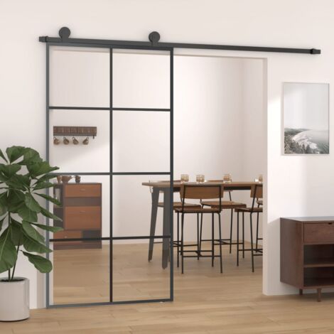 Porta Scorrevole，Porta a scorrimento，Porta singola Nera 102,5x205 cm in Vetro ESG e Alluminio XZZ272749 BonneVie