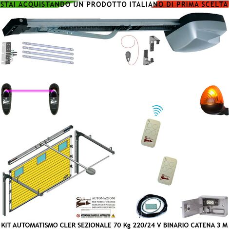 Porta Sezionale 70 Kg Kit Automazione da Soffitto 220/24 V 2 Radiocomandi Fotocellule Faro a Led Binario Alluminio 3 Metri Catena 5,5 MT Sistema Autoreverse Blindino Cordino Sblocco Luce di Cortesia