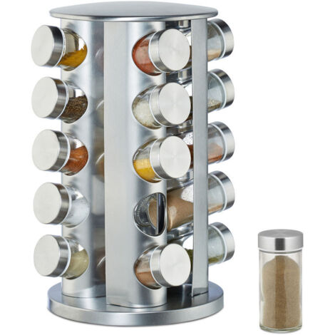 Porta spezie con 20 barattoli per spezie, girevole a 360°, 34,5 cm, acciaio inox, argento