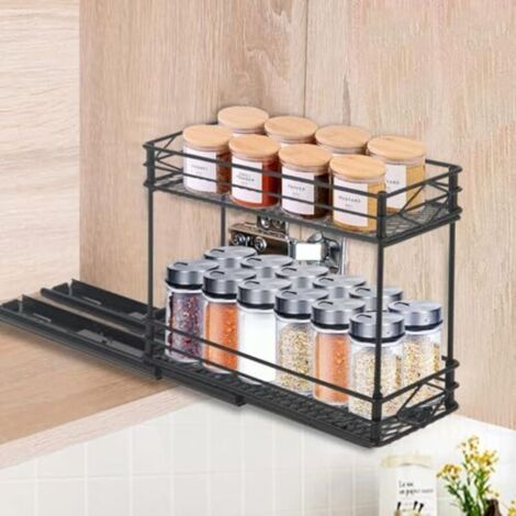 Porta spezie estensibile per credenza, 2 ripiani, porta spezie scorrevole per credenza da cucina, organizer scorrevole per spezie, ripiano per credenza da cucina