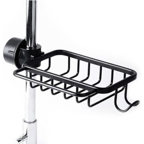 Porta spugna per rubinetto con gancio, cestello in alluminio, supporto per lavello da cucina, porta doccia, mensola per sapone o shampoo (nero - versione migliorata)