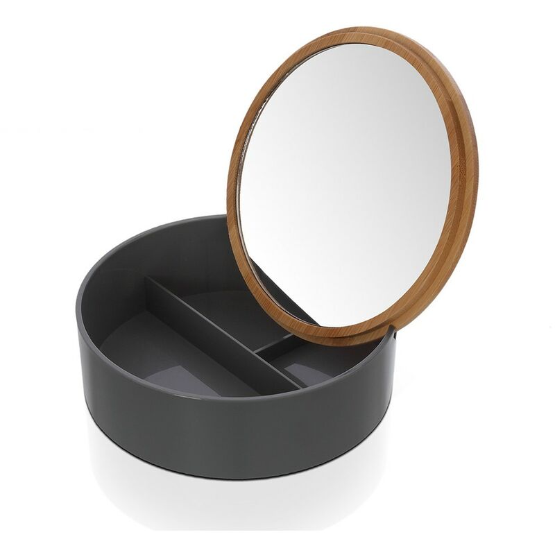 Image of Porta trucchi da bagno tondo in plastica grigia e bamboo completo di specchio
