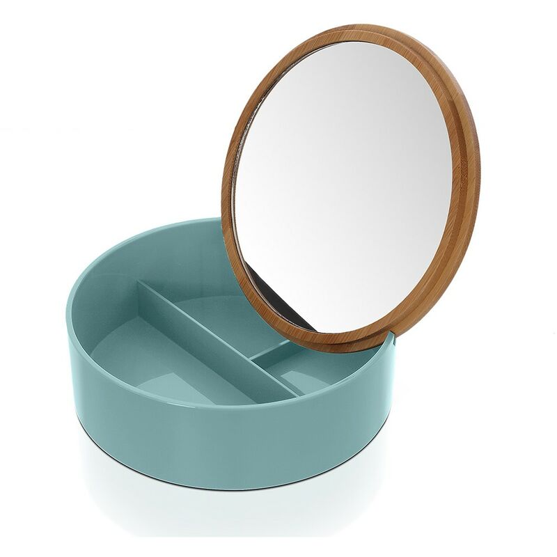 Image of Porta trucchi da bagno tondo in plastica turchese e bamboo completo di specchio