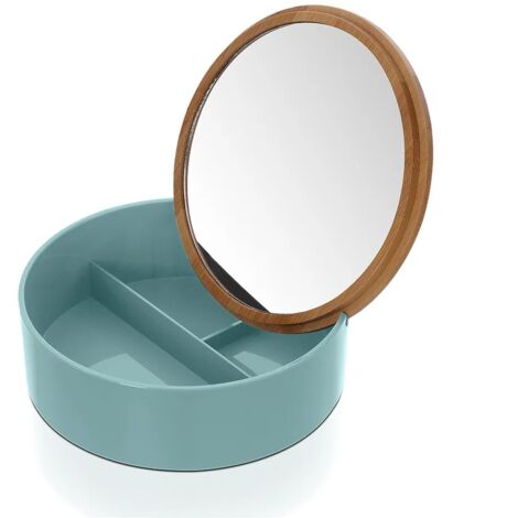 Porta trucchi da bagno tondo in plastica turchese e bambù completo di specchio