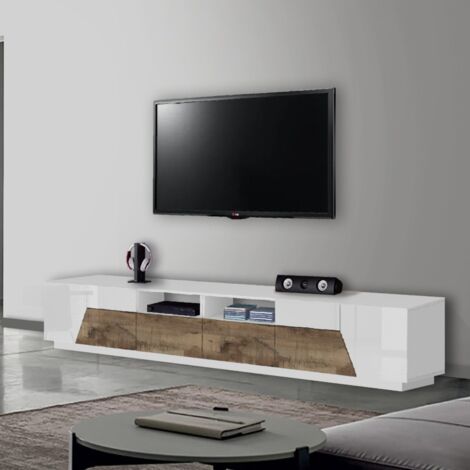 Porta tv 4 ante e 2 cassetti linea Galassia in finitura Bianco Lucido e Acero Pereira