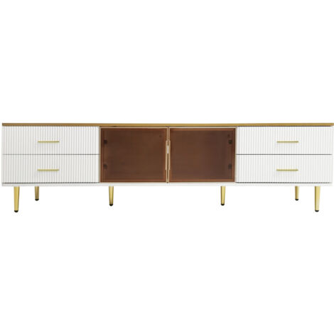 Porta TV effetto marmo, porta TV con 4 gambe, 4 cassetti strutturati con maniglie dorate e due ante in vetro temperato marrone, mobile TV moderno per soggiorno, 1703747,5 cm.