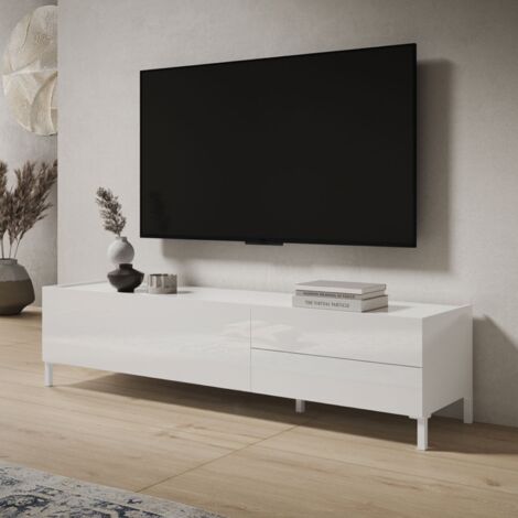 Porta TV in legno 160x40 cm con anta a ribalta e 2 cassetti Bianco Lucido HARAS