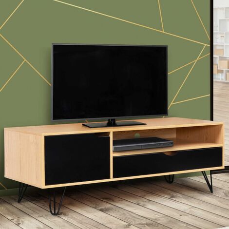 Porta TV vintage NOEMI con 1 anta e 1 cassetto, gambe in legno