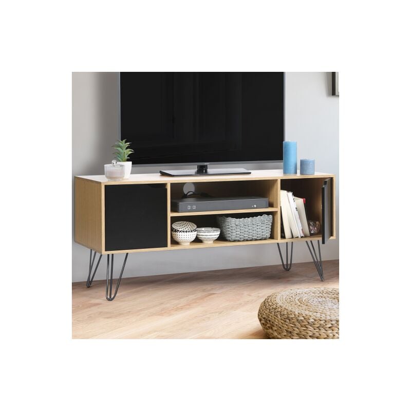 Porta tv vintage noemi con base a perno in legno e ante nere