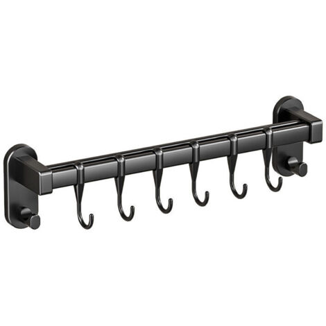 Porta utensilios de pared de acero inoxidable con 6 ganchos móviles para cocina y baño (gris negro)