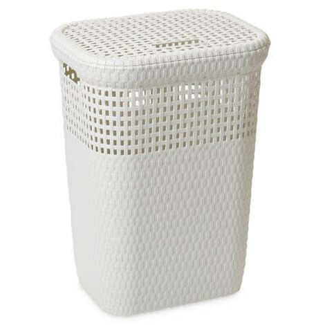Portabiancheria In Plastica Effetto Rattan 60 Litri con Coperchio Bianco Art.439
