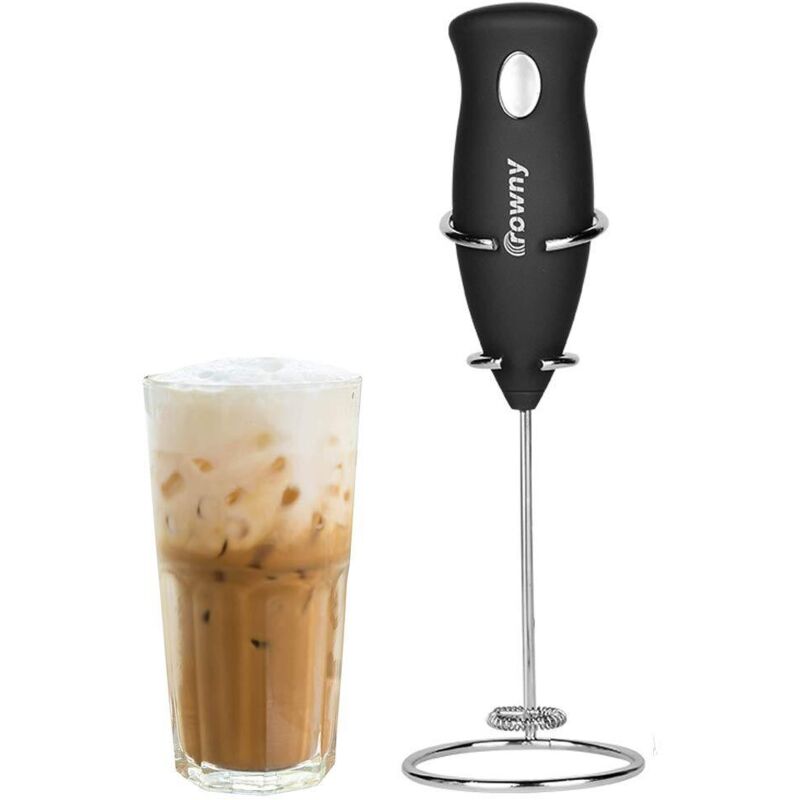 Portable AA electric milk frother, coffee mixer with whisk and stand, black stainless steel