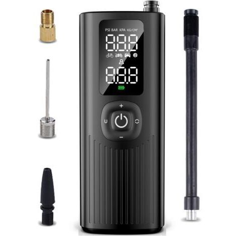 Portable air compressor for car, bicycle, motorcycle tires, and balls 150 PSI electric pump with pressure gauge easy and smart tire inflator with LCD screen and USB charging