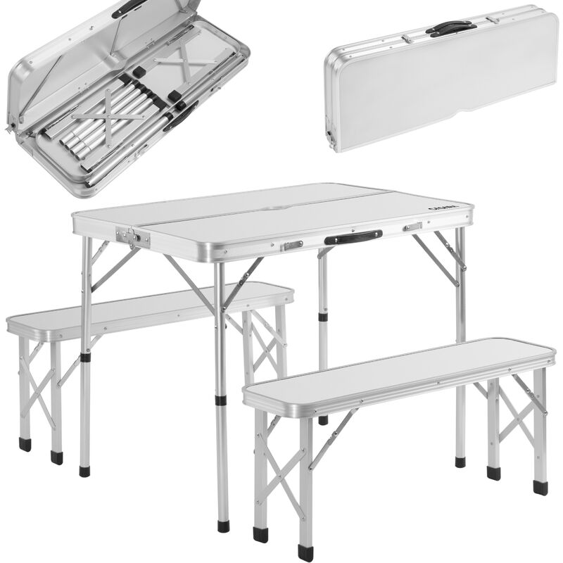 Portable Aluminium Camping Table & 2 Folding Benches with Case Feature White Grey White