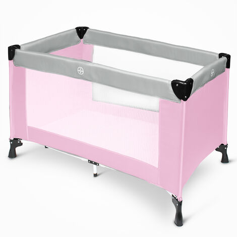 Portable Baby Bed, Baby Play Yard, CE standard, 125 x 65 x 76 cm (49.2 x 25.6 x 29.9 inch), Grey/Pink, Deployed size: 125 x 76 x 65 cm