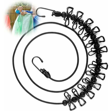 Portable Elastic Travel Clothesline with 12 Pack Travel Clothespins Gadgets,Travel Clothesline-for Garden, Hotel, Camping, Travel, Balcony and Indoor Use, Black-