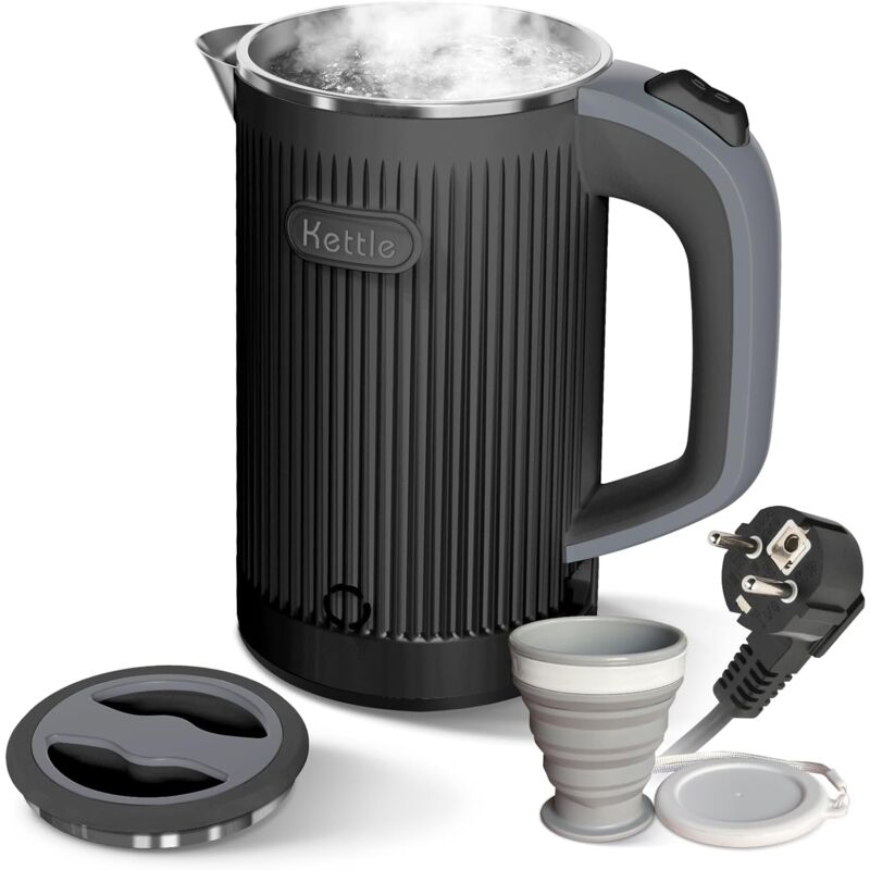 Portable Electric Kettle with Folding Cup, 800ml Travel Electric Kettle Fast Boiling Quiet Stainless Steel Small Kettle Low Power Kettle, Auto