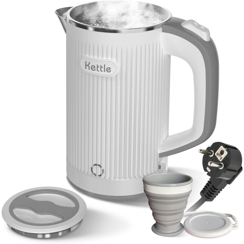 Portable Electric Kettle with Folding Cup, 800ml Travel Electric Kettle Fast Boiling Quiet Stainless Steel Small Kettle Low Power Kettle, Auto
