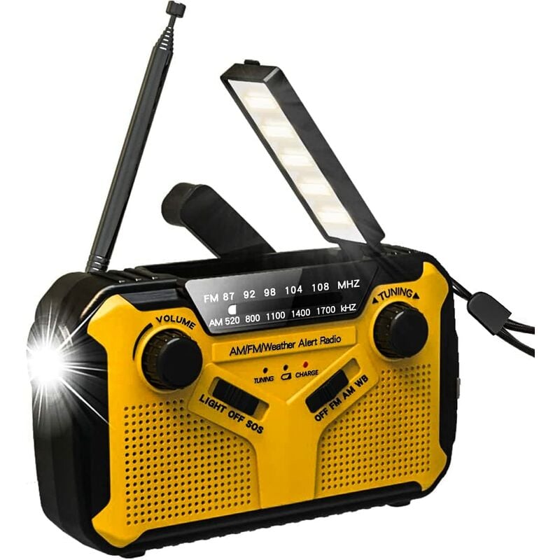 Portable fm/am/wba radio, hand crank/battery and mains/solar transistor radio transmitters, weather radio emergency unit with led flashlight and
