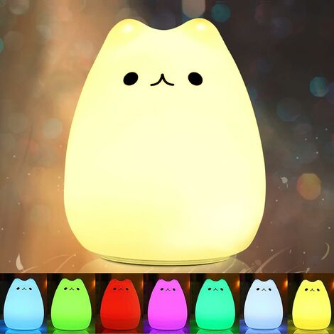 Portable LED Enfants Veilleuse enfants Multicolor lampe de chat en silicone, blanc chaud et 7 couleurs respiration, Robinet Sensibles de contrôle USB rechargeable d'éclairage