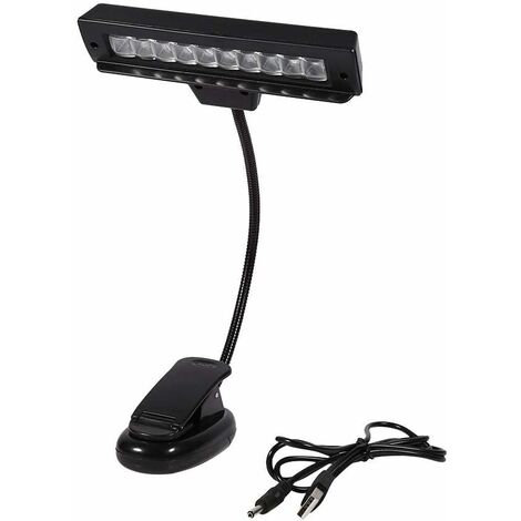 Portable LED Lampe de Lecture, 10 LED Lumière Clip avec Support AC 110V 220V pour Lecteur, Bureau, Travail, Livre(câble USB Inclus)(Noir)