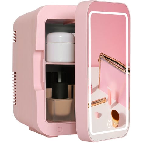 PULUOMIS Portable Mini Fridge with LED Light Mirror, 3-mode Lightness, Small Skincare Beauty Fridge with AC/DC Powered, Cooler & Warmer for Cars, Homes, Offices and Dorms, Low Noise, 4L, Pink