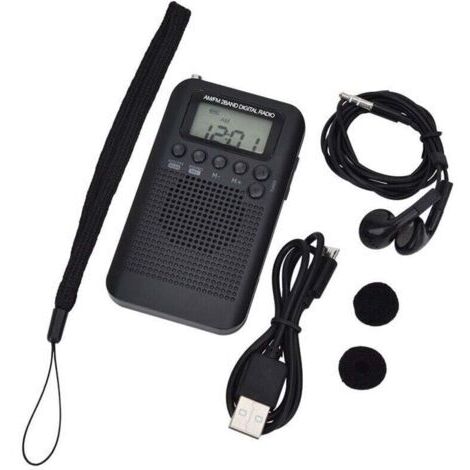 Portable mini radio de poche avec haut parleur FM/AM numérique stéréo DSP récepteur avec réveil et minuterie pour maison et l'extérieur marche course radio personnel avec ecouteur,100x60x15mm(Noir)