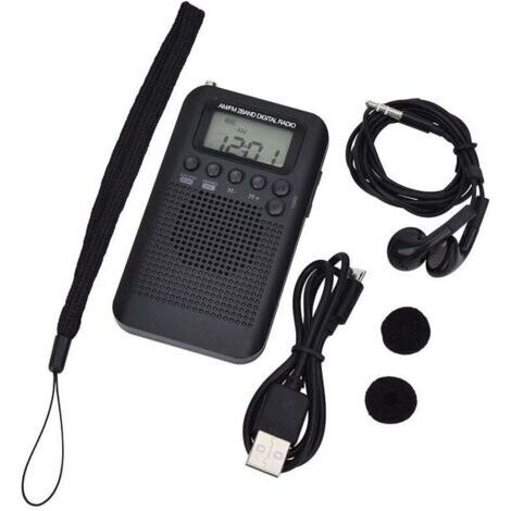 Portable mini radio de poche avec haut parleur FM/AM numérique stéréo DSP récepteur avec réveil et minuterie pour maison et l'extérieur marche course radio personnel avec ecouteur,100x60x15mm(Noir)