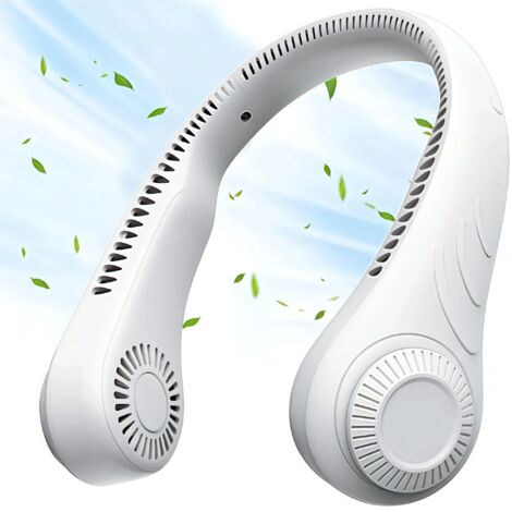 Portable neck fan, bladeless fan, 3 speed settings, 2500mAh battery powered, white.