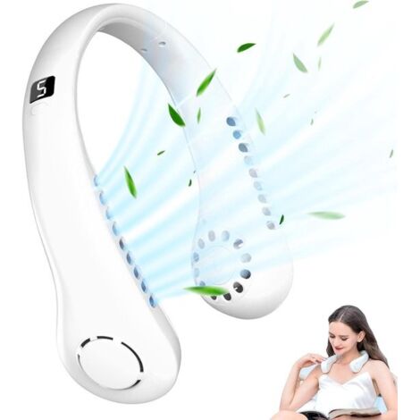 Portable neck fan - bladeless turbine design - with display screen - USB rechargeable hands-free fan - lightweight and quiet - suitable for cycling, home, and summer - 5 wind speed settings with LED l