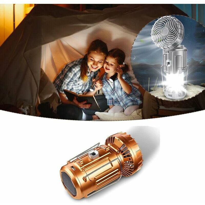 Portable Outdoor led Camping Lantern with Fan, Outdoor Solar Lifting and Stretching Electric Fan Lamp, Switch Camping Light,Gold