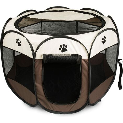 Portable Pet Playpen, Dog Playpen Foldable Pet Exercise Pen Tents Dog Kennel House Playground for Puppy Dog Yorkie Cat Bunny Indoor Outdoor Travel Camping Use (Off White + Coffee)