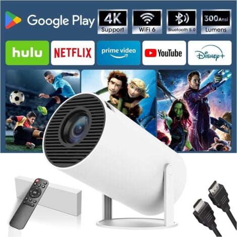 Portable Projecteur 4K, Mini Videoprojecteur Android 11, 1080P FHD, WiFi 6, Bluetooth 5.0, Visionnage de 130 Pouces, Video et d'autres Applications préinstallées. (Blanc)