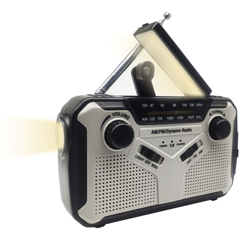 Portable Radio Dynamo Survie, AM/FM Radio à Pile avec 3000mAh Power Bank/SOS Alarm/Lampe Poch/Panneau Solaire, Haut-parleurs, Ourdoor, Emergency.