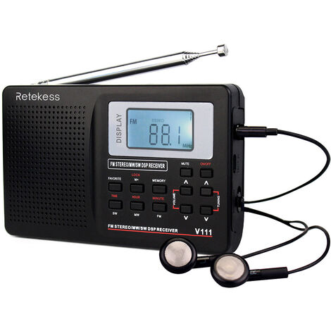 Portable Radio FM / AM (MW) / SW / USB / Micro-SD / MP3, Radio Station with Large Buttons and Large Screen, Rechargeable Portable Radio 1200 mAh Battery (Black)