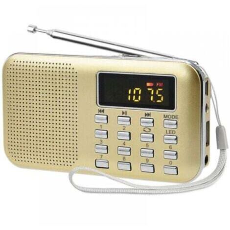 Portable Radio, FM/AM Radio, Battery and Mains Powered, MP3 Player, Speaker, TF Card/USB Support, Flashlight, Suitable (Gold)