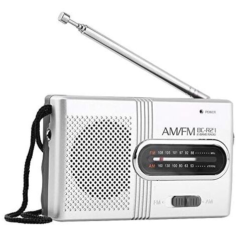 Portable radio, FM radio player with 2 AA batteries (not included), mini radio with built-in speaker, silver
