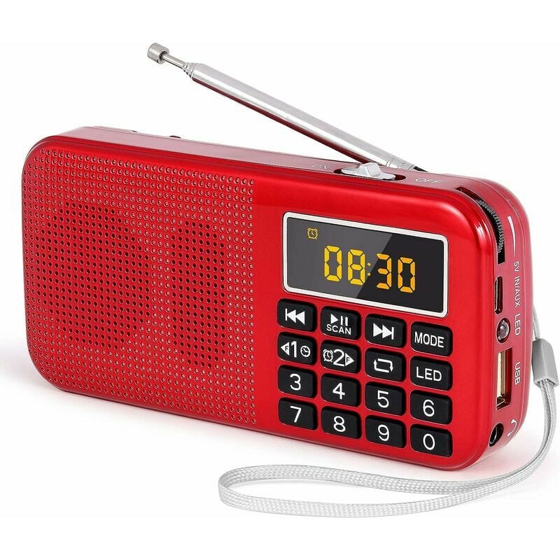 Portable Radio, fm Radio with Large Capacity Rechargeable Battery (3000mAh), MP3 / sd / usb / aux Support,Red