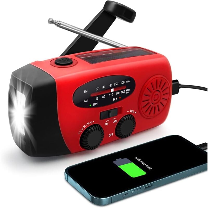 Portable Radio Solaire, FM/AM Petite Radio d'urgence avec 2000mAh Batterie Rechargeable/Manivelle/Lampe de Poche LED, idéale pour Urgences,
