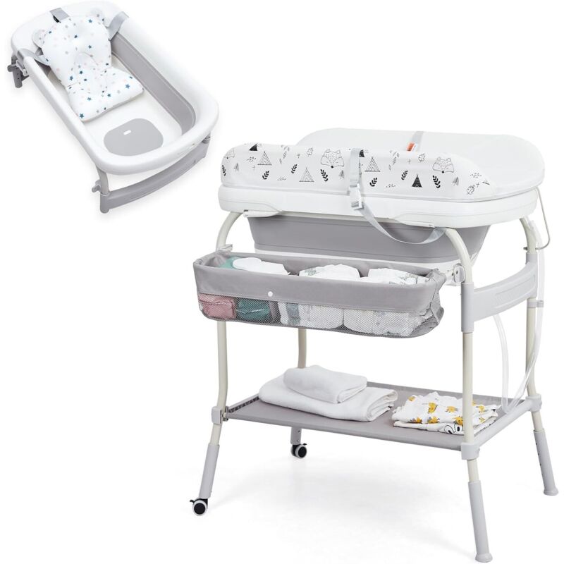 Portable Table à Langer pour Bébé, Table à Langer avec Panier de Rangement à Côté, Hauteur Réglable, Nouveaux-Nés Design Ergonomique, GRIS