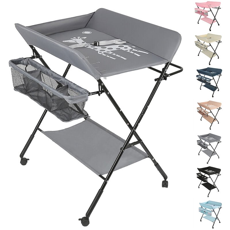 Aqrau Portable Table à Langer Pliable pour Bébé, Table à Langer avec Panier de Rangement à Côté, Hauteur Réglable, Nouveaux-Nés Design Ergonomique,