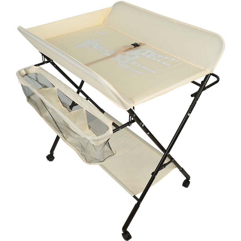 Aqrau Portable Table à Langer Pliable pour Bébé, Table à Langer avec Panier de Rangement à Côté, Hauteur Réglable, Nouveaux-Nés Design Ergonomique,