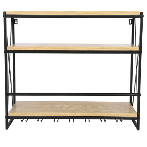 MINKUROW Portabottiglie da Parete con Ripiano in Vetro, Portabottiglie in Legno e Metallo su 3 Ripiani per 12 Bottiglie di Vino, Portaoggetti, Portabottiglie, Adatto per Cucina, 62,2 x 20 x 62 cm